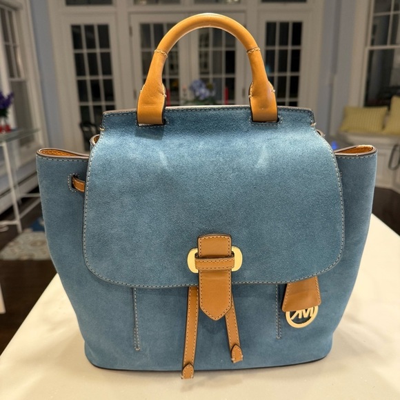 Michael Kors Women’s “Romy” Denim Blue Suede & Tan Leather Backpack NWT - Picture 8 of 16